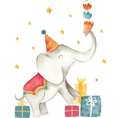 Ilustração de elefante com chapéu e capa, com gelado na tromba e caixas de presente