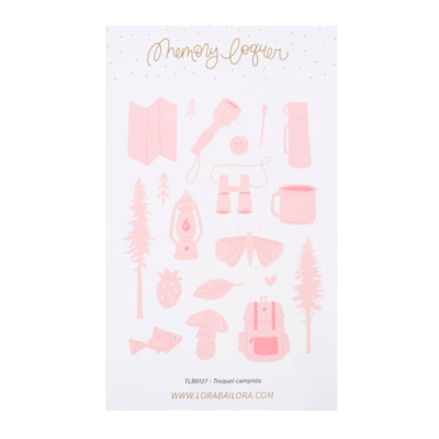 Carimbos rosa com tema campismo e natureza