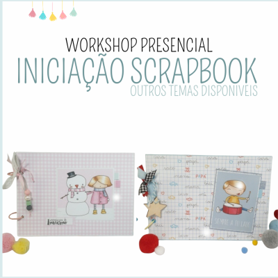 Promoção de workshop de iniciação a scrapbook com duas capas decoradas de scrapbook