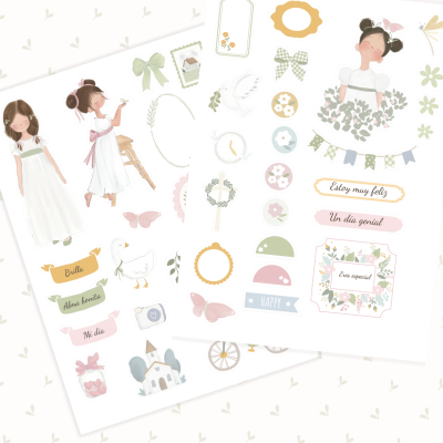 Autocolantes recortados com ilustrações de meninas, flores, animais e textos em espanhol em cores pastel
