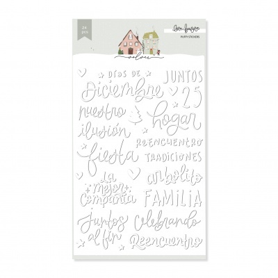 Pacote de autocolantes brancos com palavras e pequenas ilustrações de Natal em espanhol