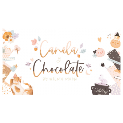 Texto Canela y Chocolate com elementos decorativos em tons pastel