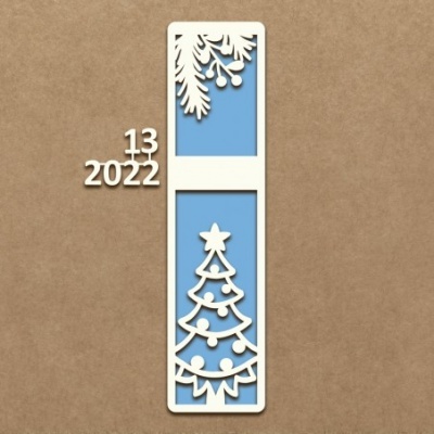 Marcador de livro de madeira com motivos natalícios e fundo azul