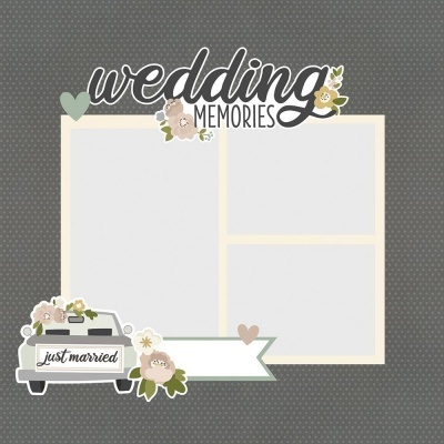 Página de scrapbook digital com tema de casamento e decoração floral