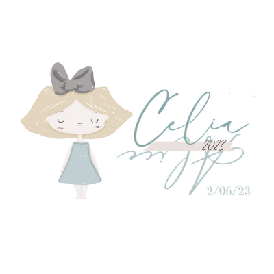 Ilustração de menina com vestido azul e laço cinza, texto Calia 2023 e data 2/06/23