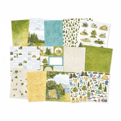 Papéis decorativos com temas de natureza e campismo coloridos