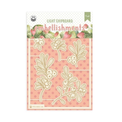embellishments em chipboard clara com desenho de ramos com folhas e bagas