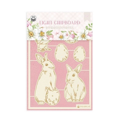 Embalagem de embellishments LIGHT CHIPBOARD com coelhos e ovos em madeira clara