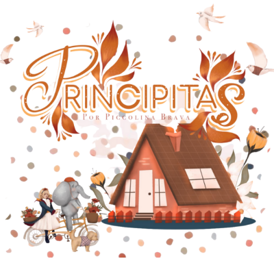 Logotipo com texto 'PRINCIPITAS Por Piccolina Brava' e elementos decorativos incluindo casa, pássaros e figuras a pedalar triciclo.