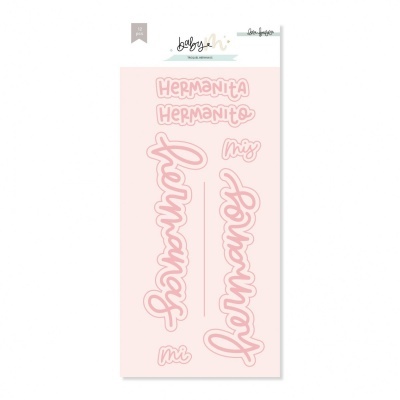 Autocolantes rosa com textos em espanhol sobre irmãos em fundo branco e rosa