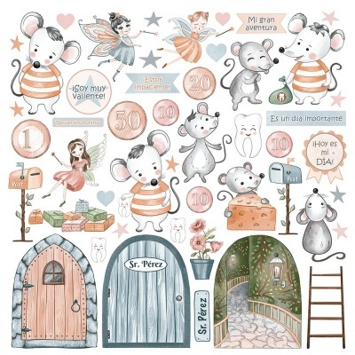 Ilustrações infantis de ratos, fadas, moedas e elementos de fantasia.