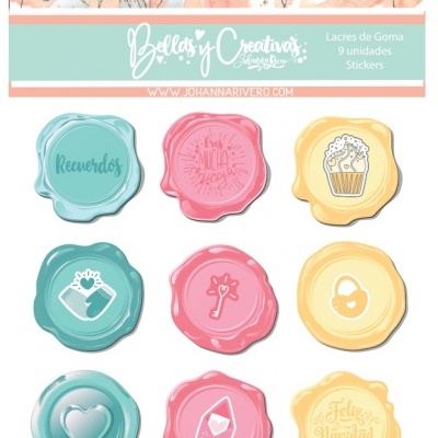 Autocolantes em forma de lacre de goma com desenhos e textos em tons pastel