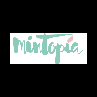 Logotipo com texto mintopia em verde-água e ponto rosa