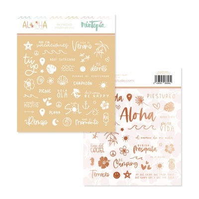 Kit de adesivos de verão com palavras e desenhos em tons bege, branco e castanho, temas praia e férias