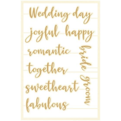 Palavras decorativas douradas em fundo branco com temas de casamento