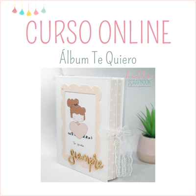 Álbum scrapbook branco e bege com ilustração de rapariga com coração e decoração de fita rendada, texto 'CURSO ONLINE' e 'Álbum Te Quiero'.