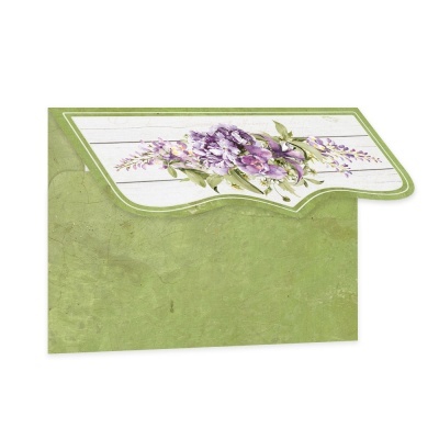Envelope verde com aba de flores lilases desenhadas