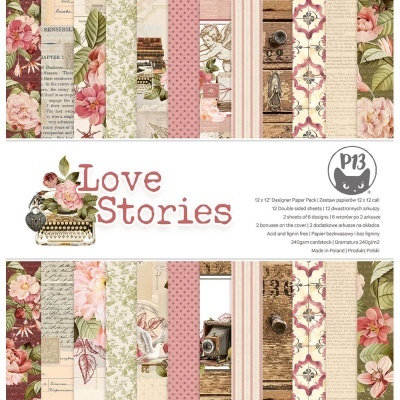 Conjunto de papéis decorativos para scrapbooking P13 Love Stories com vários padrões florais e texturas em tons pastel.