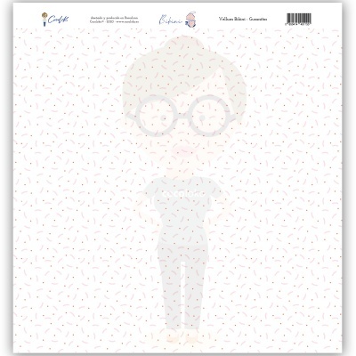 Produto com padrão de pontos coloridos e texto de marca e descrição no topo