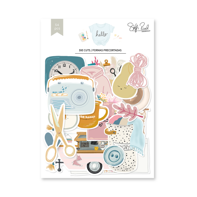 Pacote de formas recortadas coloridas com várias ilustrações, incluindo tesoura, rádio e urso.