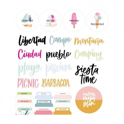 Palavras em diversos estilos e cores relacionadas a temas de lazer e natureza, com elementos circulares e etiquetas coloridas