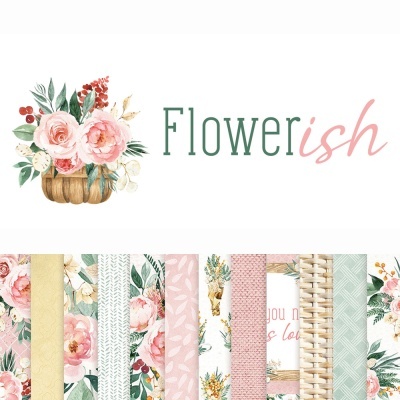 Papeis decorativos florais com flores em tons rosa e verde e texto Flowerish