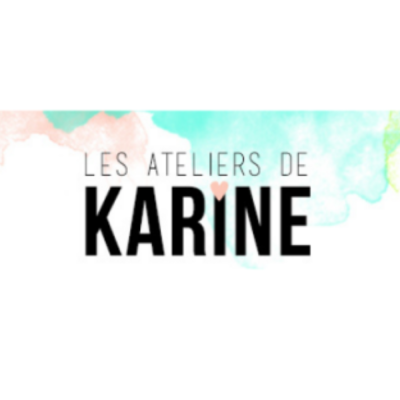 Logótipo com texto 'LES ATELIERS DE KARINE' e fundo aquarelado colorido