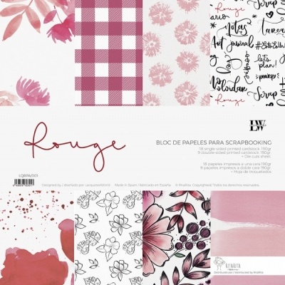 Papel de scrapbooking com padrões rosa e vermelho, texto 'Rouge' e outras inscrições.