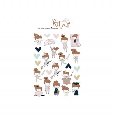 Ilustrações de personagem feminina em várias poses com acessórios e corações coloridos