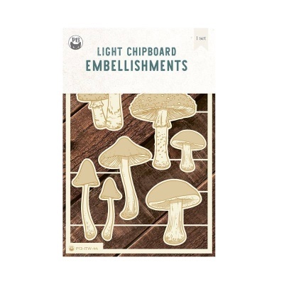 Conjunto de decorações de chipboard leve em forma de cogumelos na embalagem