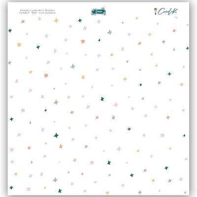 Papel decorativo branco com pequenas cruzes coloridas e texto no topo
