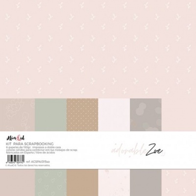 Kit para scrapbooking com 6 papéis em tons suaves e padrões variados