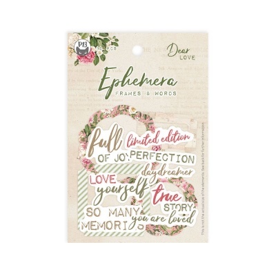 Conjunto de palavras decorativas em papel com frases em inglês e elementos florais, embalado em cartão claro com design floral.