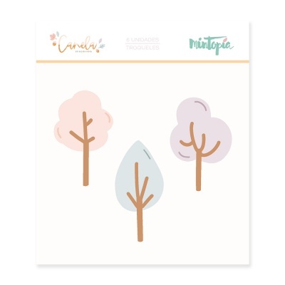 Autocolantes de três árvores em tons pastel com embalagem e texto visível
