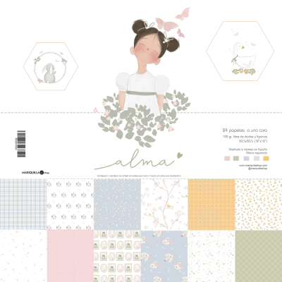 Papel decorativo infantil com vários padrões e ilustrações de menina, coelho, ganso e flores.