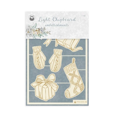 Embalagem de embellishments Light Chipboard com desenhos de luvas, meias e presente.