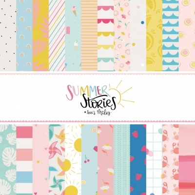 Padrões coloridos de papel decorativo de verão com texto SUMMER Stories Ann's Miles