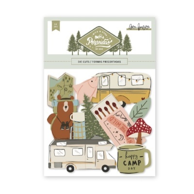 Conjunto de die cuts temáticos de campismo com desenhos coloridos em fundo branco