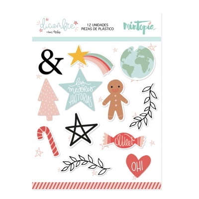 Conjunto 12 peças plástico decoração Natal com desenhos coloridos e textos em espanhol