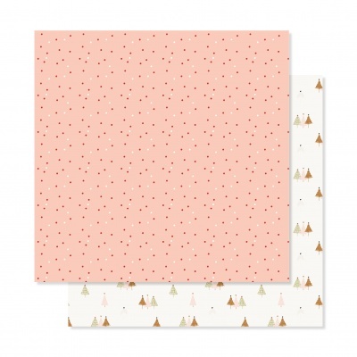 Papel de embrulho com padrão rosa com manchas e padrão branco com árvores de Natal