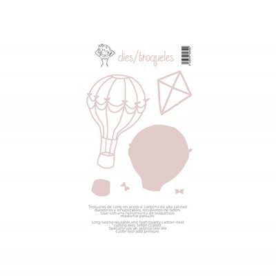 Moldes para corte em aço carbono de balão de ar quente, pipa, cabeça de criança e laços em cor rosa clara