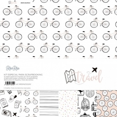 Papel para scrapbooking com padrão de bicicletas e ilustrações de viagem