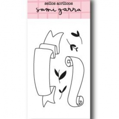 Selos acrílicos com desenhos de fitas e folhas em embalagem com cabeçalho rosa