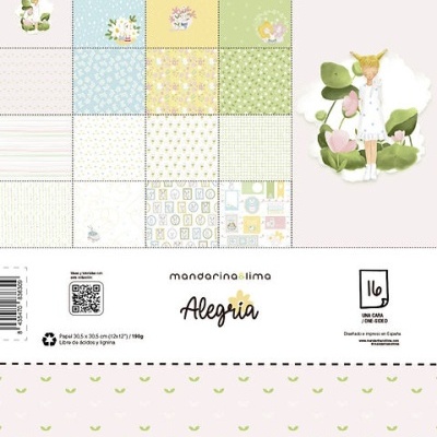 Papel de scrapbook com padrões coloridos em tons pastel e ilustração de menina com flores