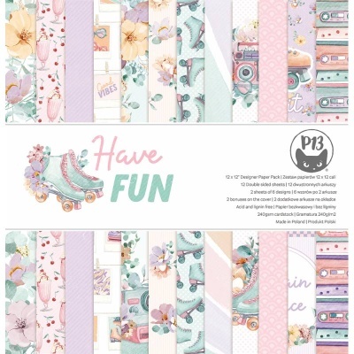 Papel decorativo para scrapbook com padrões coloridos em tons pastel e texto 'Have FUN'.