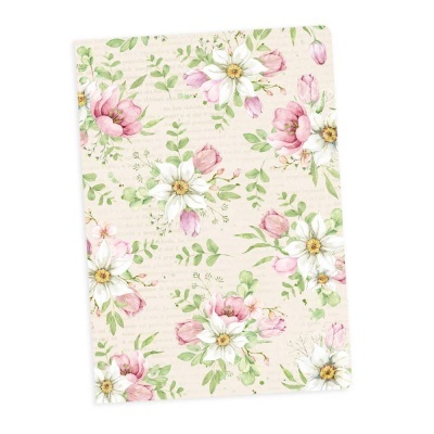 tecido com padrão floral em fundo bege com flores brancas, rosas e folhas verdes