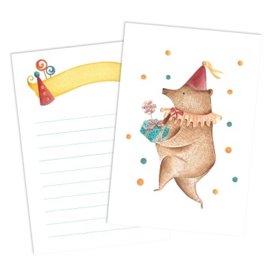 Conjunto de papel de carta com urso a dançar e folha pautada decorada