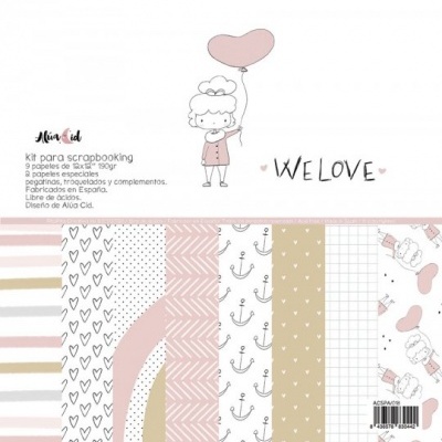 Kit para scrapbooking com papéis decorados em rosa, branco e bege com diversos padrões e ilustração de menina com balão.