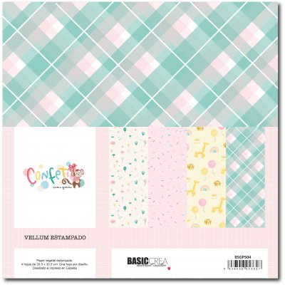 Papel vegetal estampado com padrões infantis e xadrez em embalagem