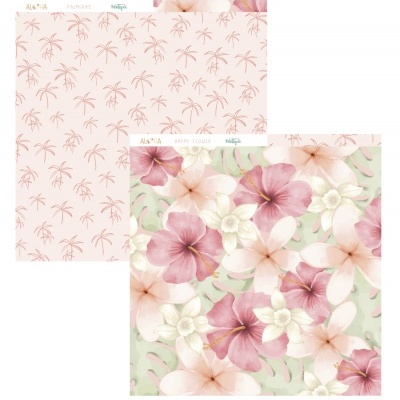 Papéis decorativos com padrões florais e de palmeiras em tons suaves